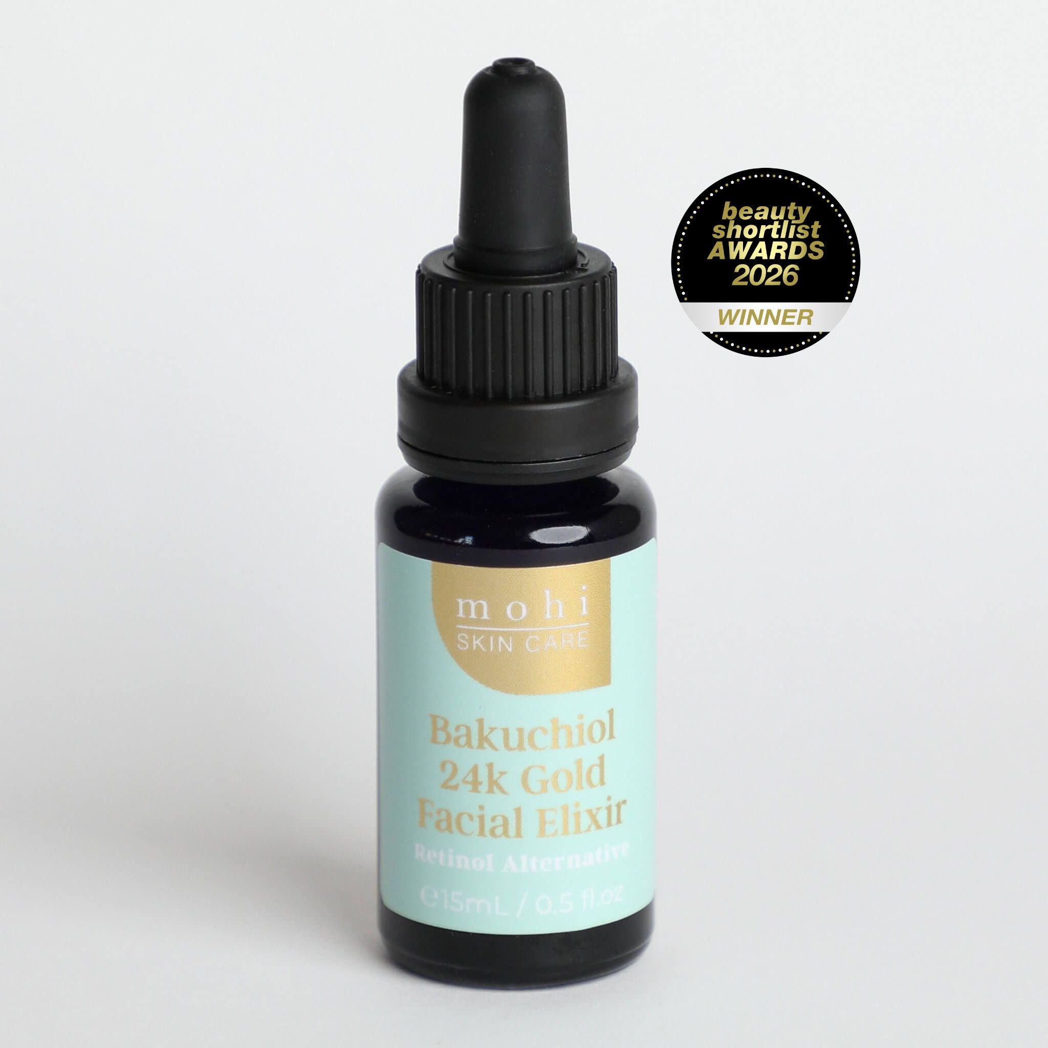 Bottle of Mohi skincare 24k gold Bakuchiol 15ml