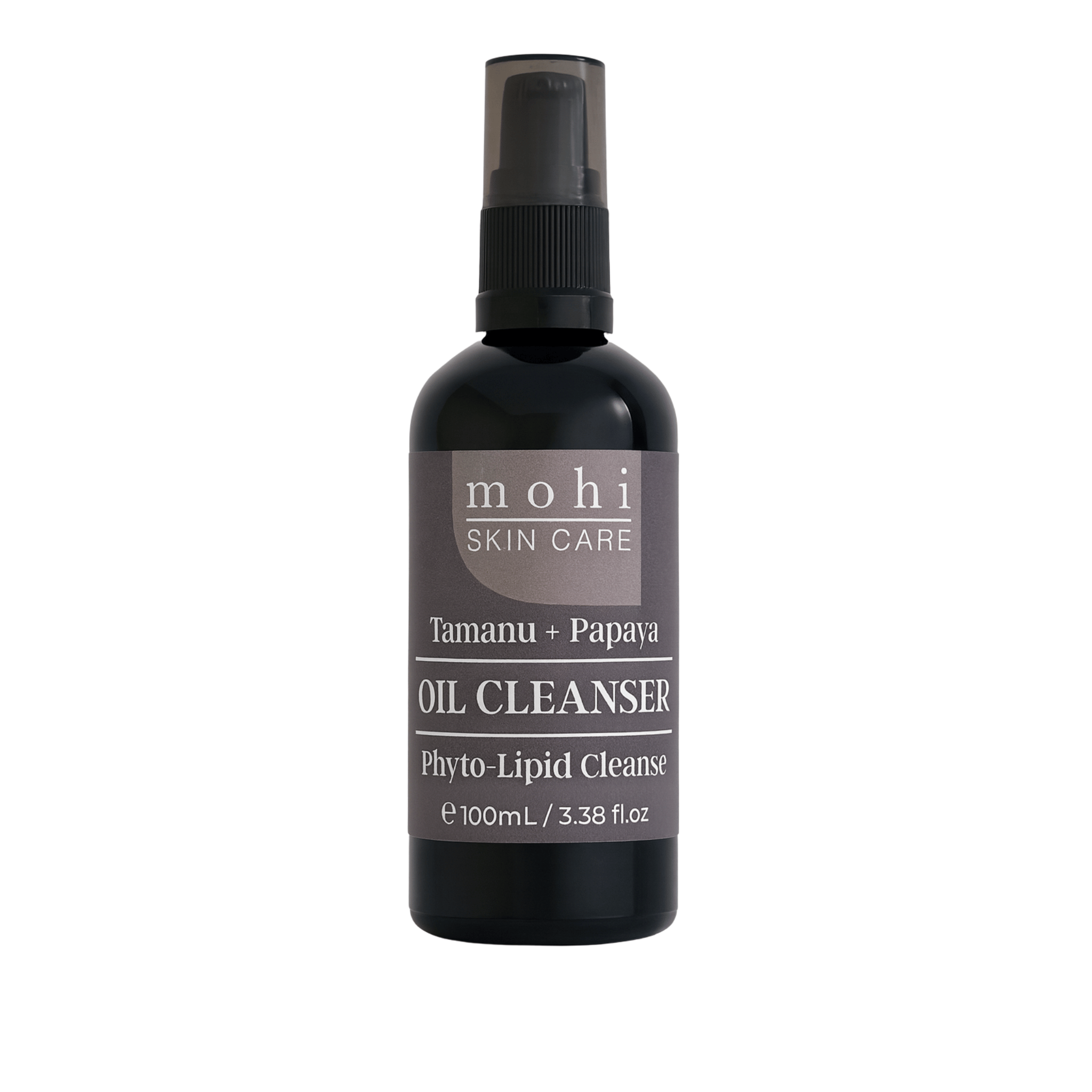 Black bottle of mohi Skin Care Oil Cleanser on a white background